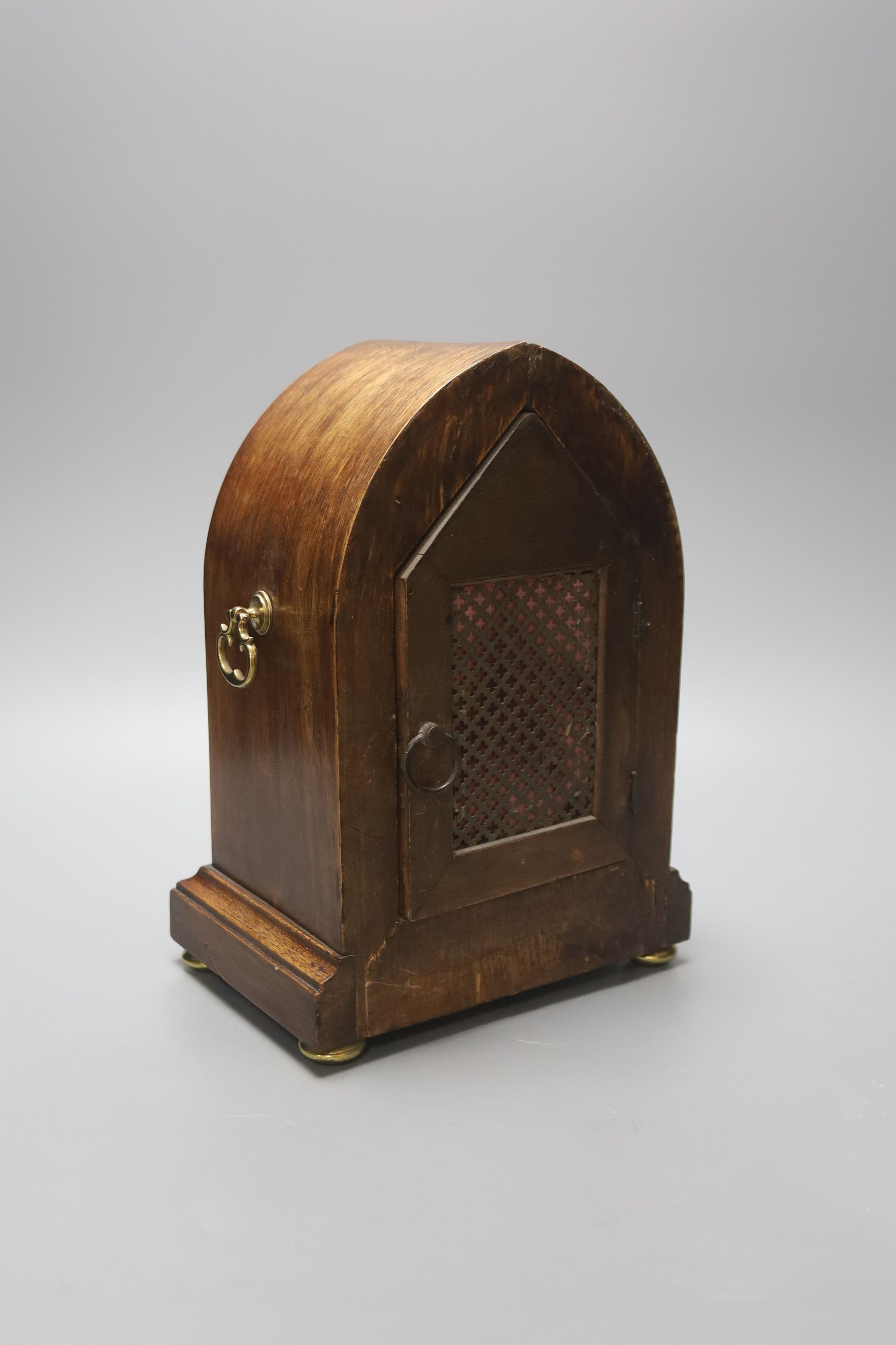 A mahogany and marquetry mantel clock, 26cm high (af) pendulum, no key